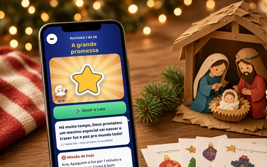 App do Presépio da Lulu no celular, kit impresso e presépio montado